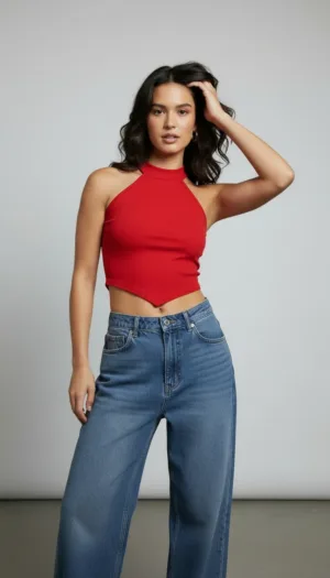Halter Yaka Fitilli Crop Bluz