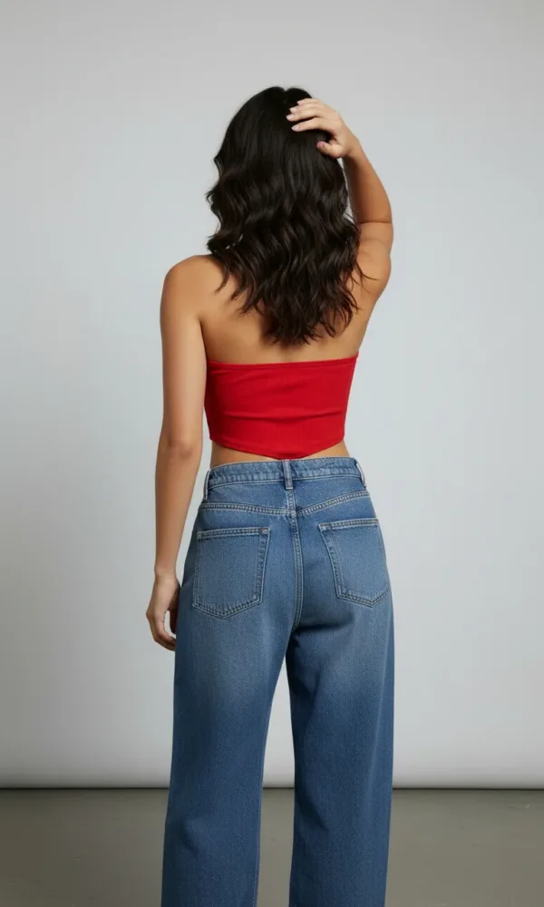 Kırmızı Halter Yaka Fitilli Crop Bluz ürün görünümü 2