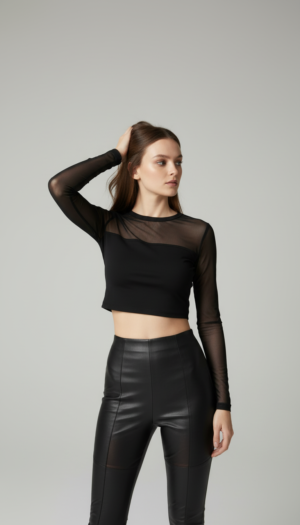 Tül Detaylı Uzun Kollu Crop Bluz