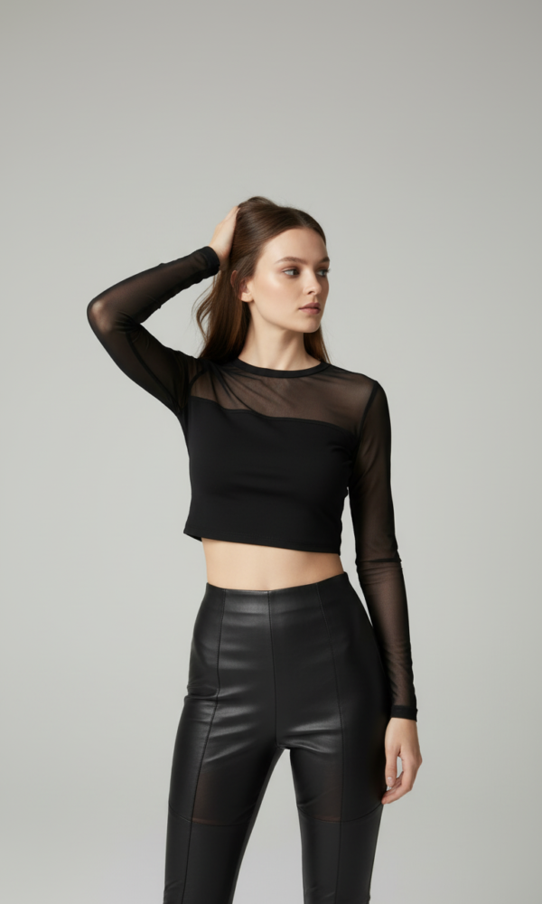 Siyah Tül Detaylı Uzun Kollu Crop Bluz ürün görünümü 1