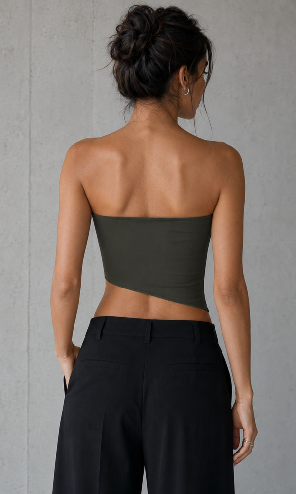 Haki Straplez Asimetrik Kesim Esnek Crop Top ürün görünümü 2